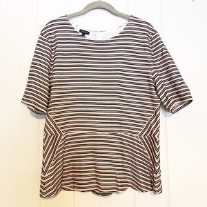 Talbots Knit Peplum Top Ribbed Striped Waist Defining 3/4 Sleeve Pink Black XL